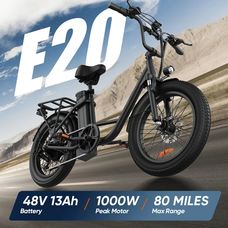 URLIFE 1000W E20 Electric Bike 48V 13Ah Removable Battery 20mph 20''x3" Fat Tire 7-Speed E-Bike with Dual Disc Brake Multifunctional Carbon Steel Frame