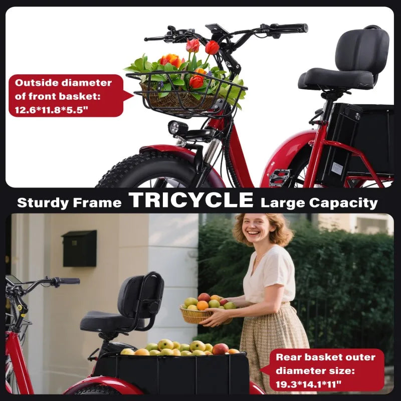 Broobey 48V500W Electric Tricycle for Adults Brushless Motor Folding Ebike with Large Basket Lithium Battery Adult Trike