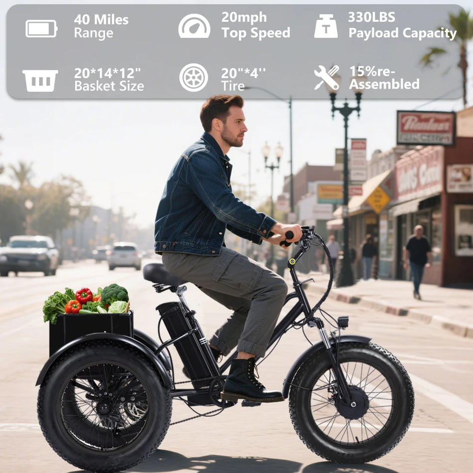 Broobey 500W Electric Tricycle for Adults Fat Tire 3 Wheel Electric Bike Li-Ion Battery Mechanical Disk Brake High-Speed Brushless Motor