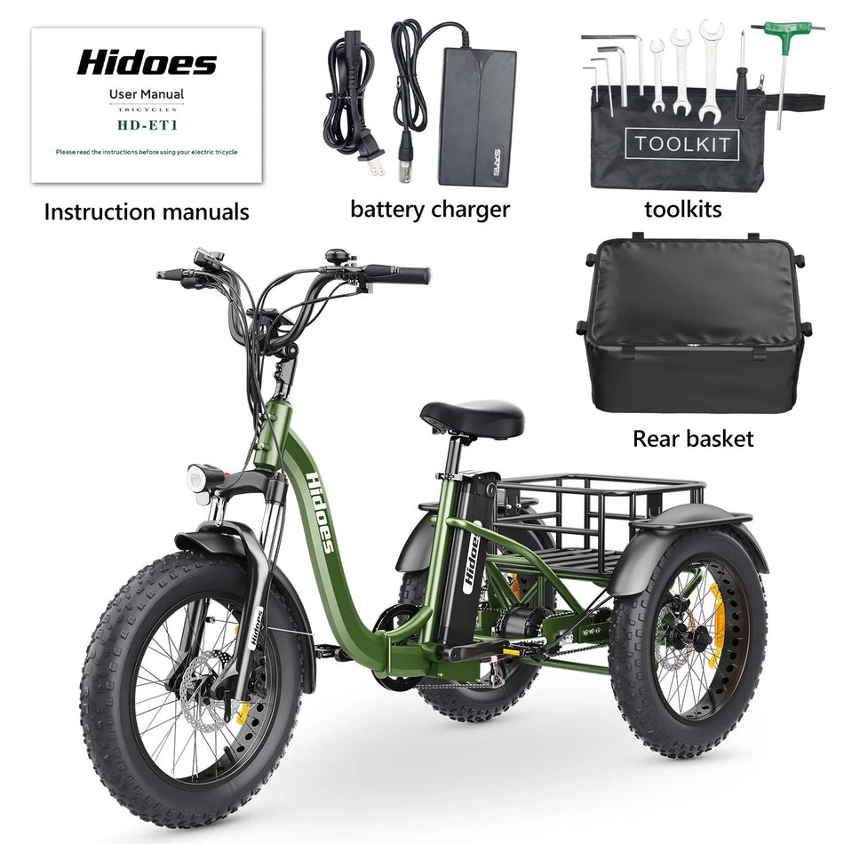 HIDOES ET1 Electric Bicycle 750W 48V Brushless Motor 20AH Lithium Battery 7 Speed 20" Wheel Three-Wheel E-Bike for Cargo