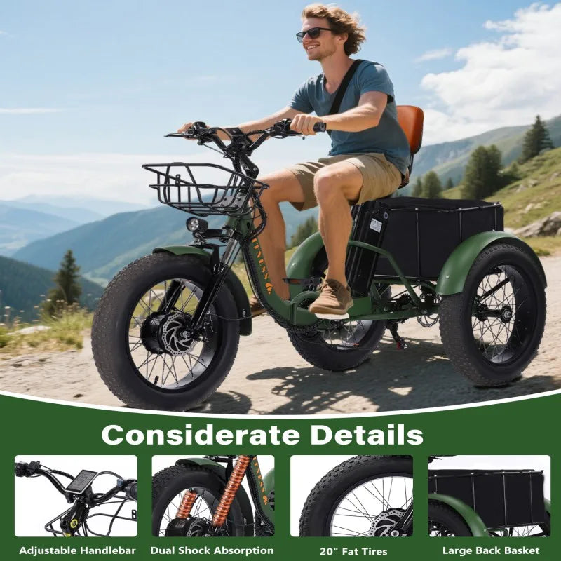 Broobey Adult Electric Tricycle 500W Brushless Motor Foldable Large Cargo Basket Li-ion Battery LED Display 7 Speeds Adjustable UTV