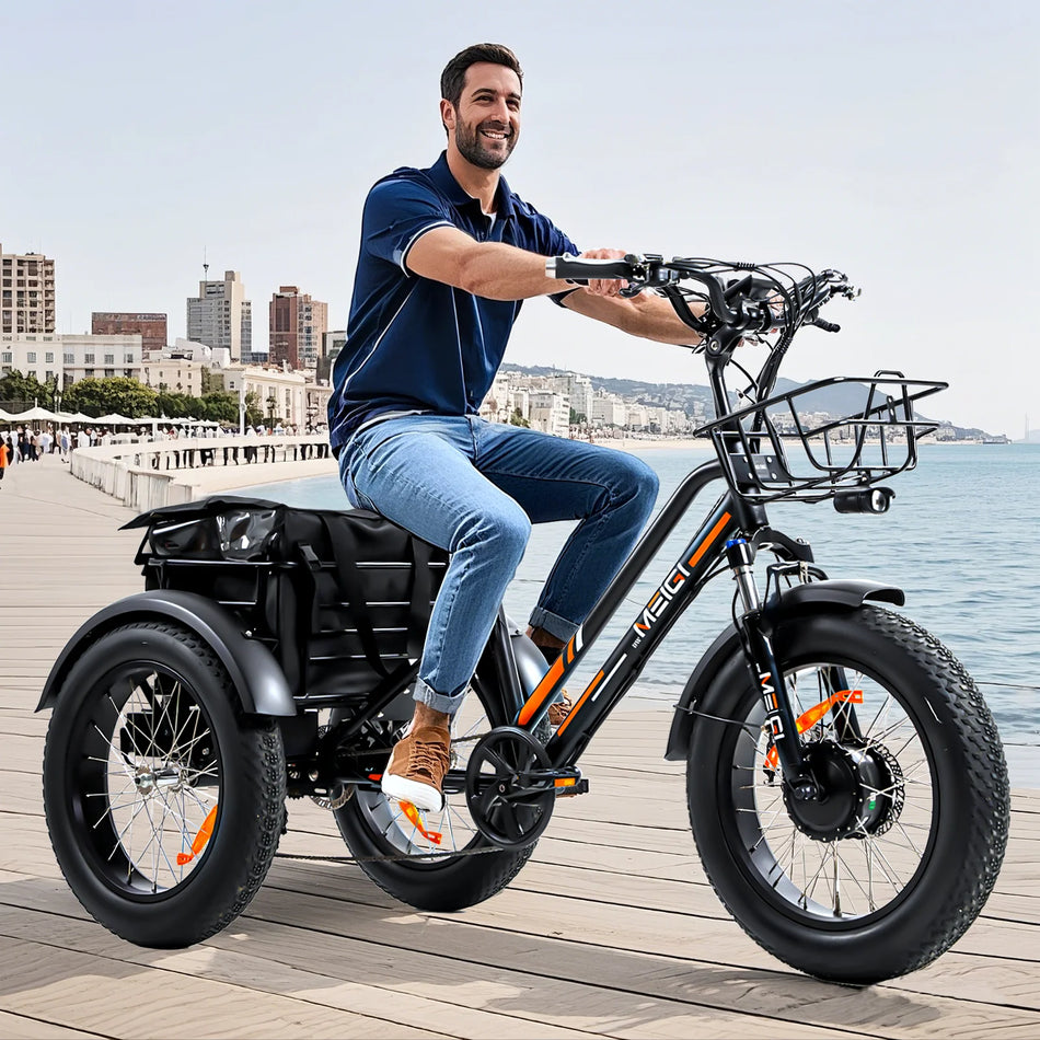 MEIGI 24 Inch 3-Wheel Electric Cargo Bike Fat Tire Mountain Tricycle for Men 48V 750W Powerful Lithium Battery Adult Electro-Tricycle