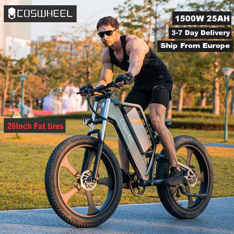 COSWHEEL T26 Electric Bike 26Inch Fat tires Adult Electric Mountain Bike 1500W/48V/25AH hydraulic brake ebike Off Road bicycle