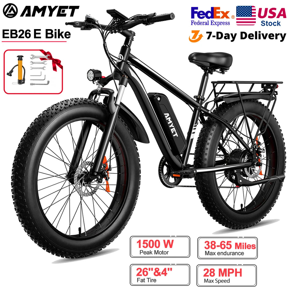 AMYET EB26 Electric Bike for Adults 1000W Electric Bicycle 48V 15AH E Bike 26" Fat Tire Mountain 31mph Dual Shock Absorber Ebike