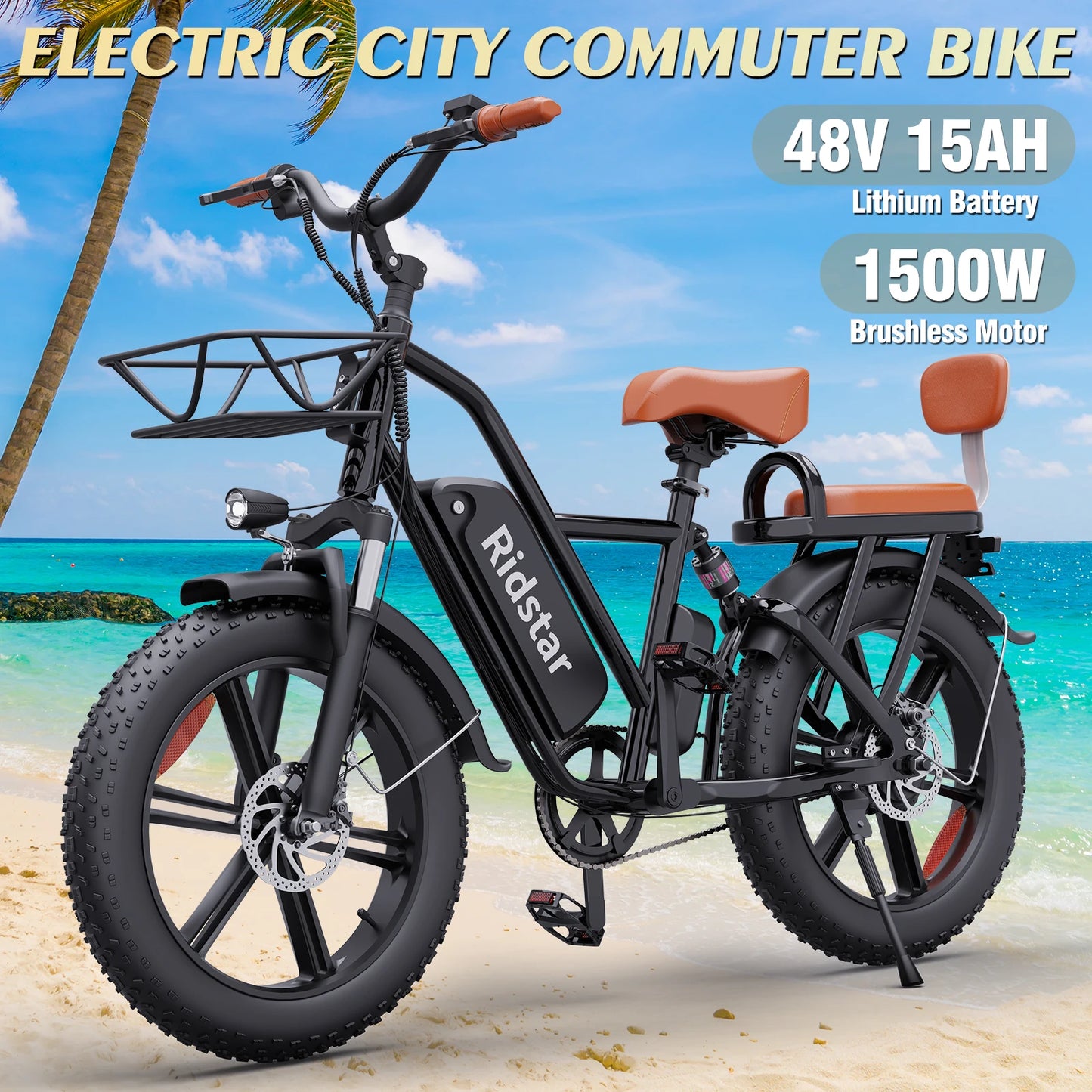 RIDSTAR MF-002 1500W 30MPH 30-70Miles 48V 15.6AH Removable Battery Ebike 20" x 4.0 Fat Tire Commuting 2 Seater Electric Bike for Adult