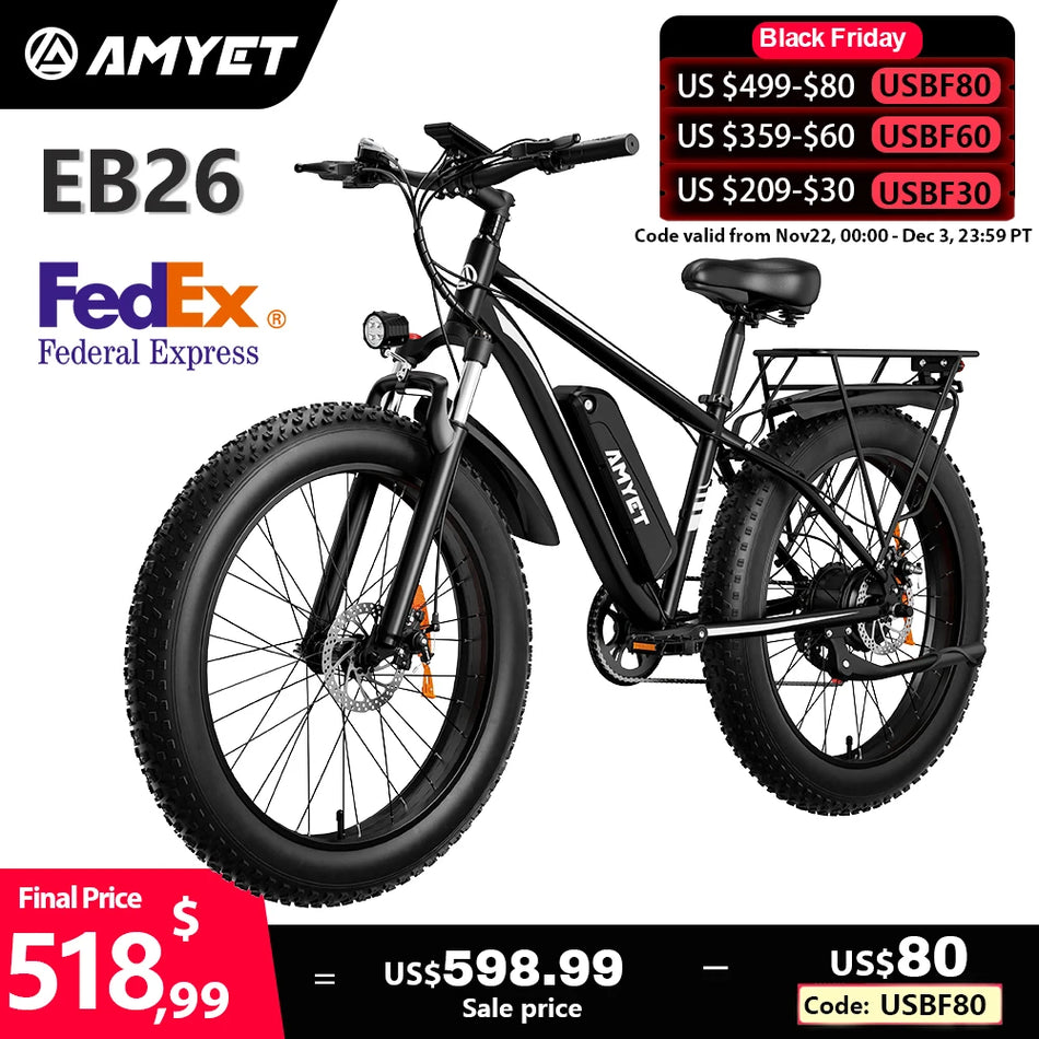 AMYET EB26 Electric Bike for Adults 1000W Electric Bicycle 48V 15AH E Bike 26" Fat Tire Mountain 31mph Dual Shock Absorber Ebike