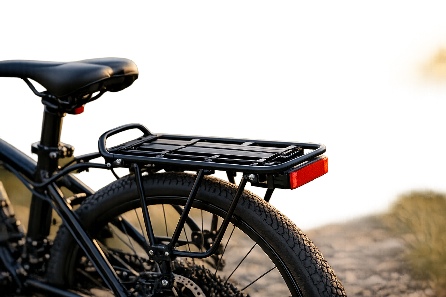 Black bicycle rear rack mounted on a dark bike outdoors
