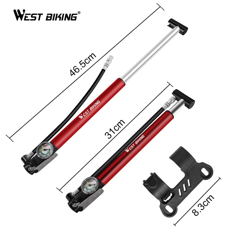 WEST BIKING Alloy Bicycle Pump Hose Gauge Hand Foot Floor Bike Tire Pump 130PSI Air Inflator Presta Schrader Valve