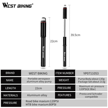 WEST BIKING Bike Pump Pressure Gauge Tube 120PSI Bicycle Pump Presta Schrader Hose Tire Air Inflator Road MTB Bike