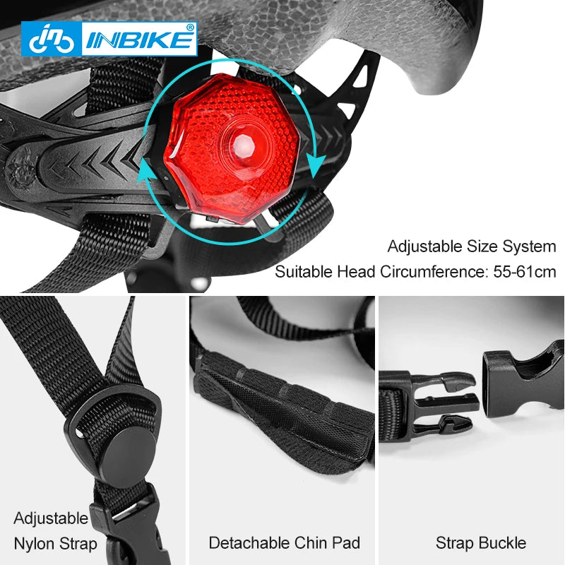 INBIKE Ultralight MTB Bicycle Helmet for Men & Women with Integrated Taillight Safety Hat Adult Cycling Gear Grey Red Blue