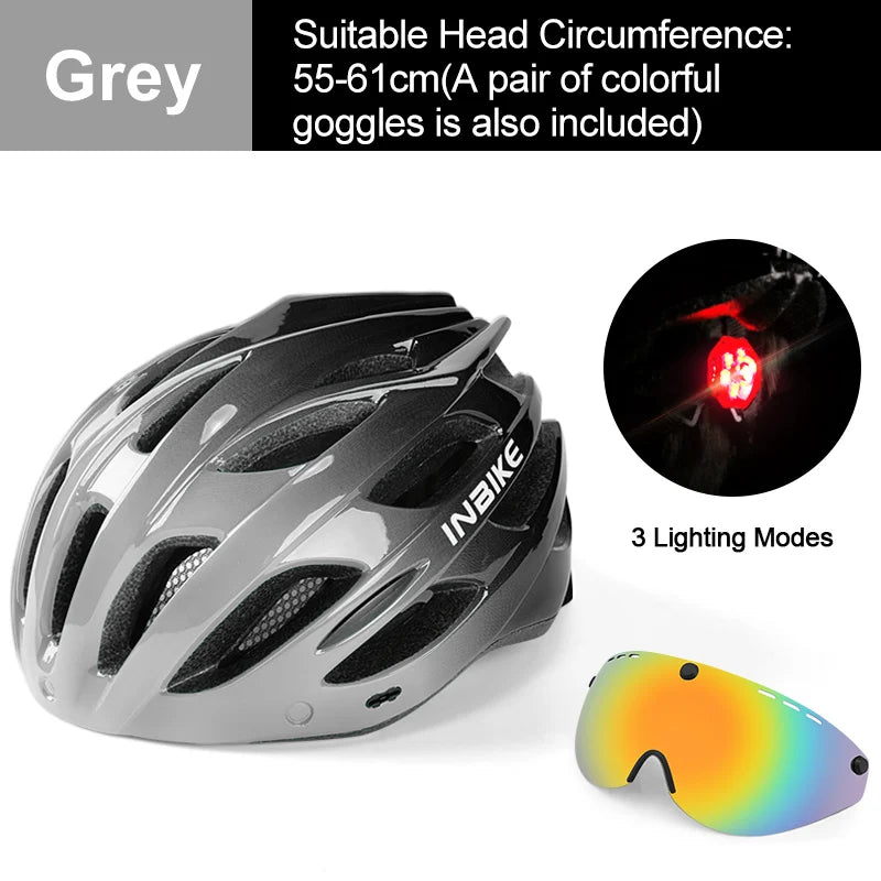INBIKE Ultralight MTB Bicycle Helmet for Men & Women with Integrated Taillight Safety Hat Adult Cycling Gear Grey Red Blue