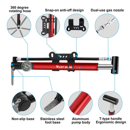 WEST BIKING Alloy Bicycle Pump Hose Gauge Hand Foot Floor Bike Tire Pump 130PSI Air Inflator Presta Schrader Valve