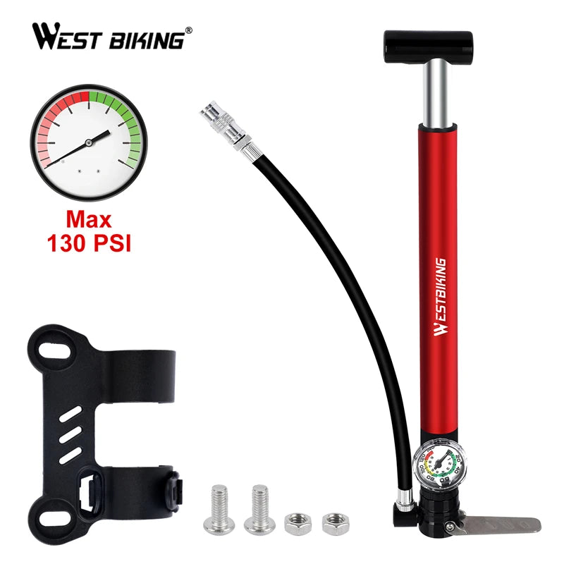 WEST BIKING Alloy Bicycle Pump Hose Gauge Hand Foot Floor Bike Tire Pump 130PSI Air Inflator Presta Schrader Valve