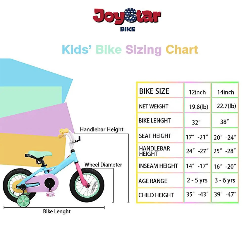 JJOYSTAR 12" 14" 16“ Kids Bike for 2-7 Years Girls 33-53 Inch Tall, Girls Toddler Bicycle