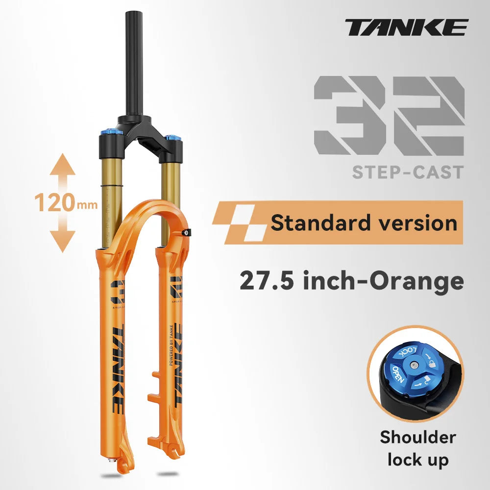 TANKE MTB Air Suspension Fork 120mm – Rebound Adjustable Quick Release - 27.5 Orange Manual - Suspension Fork