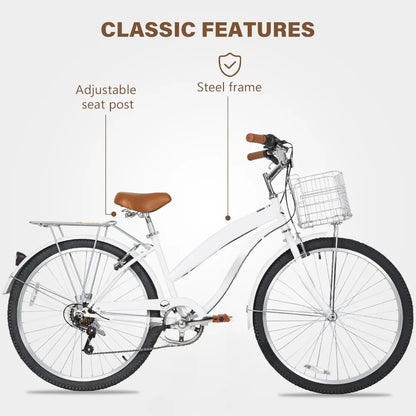 26 Inch Commuter Bicycle for Adult Men and Women, 7-Speed/High-Carbon Steel/Front & Rear Fenders, Comfortable City Bikes