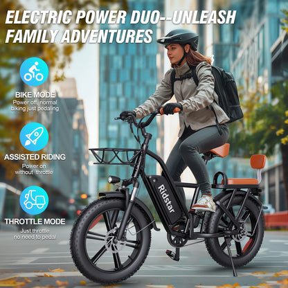 Ridstar FM-002   2 Seater Electric Bike for Adults,1500/1000W 30MPH 30-70Miles 48V 15AH Removable Battery Ebike 20" x 4.0 Fat Tire Beach Mountain Commuting Electric Bicycles W/Fork Suspension (Unfoldable)