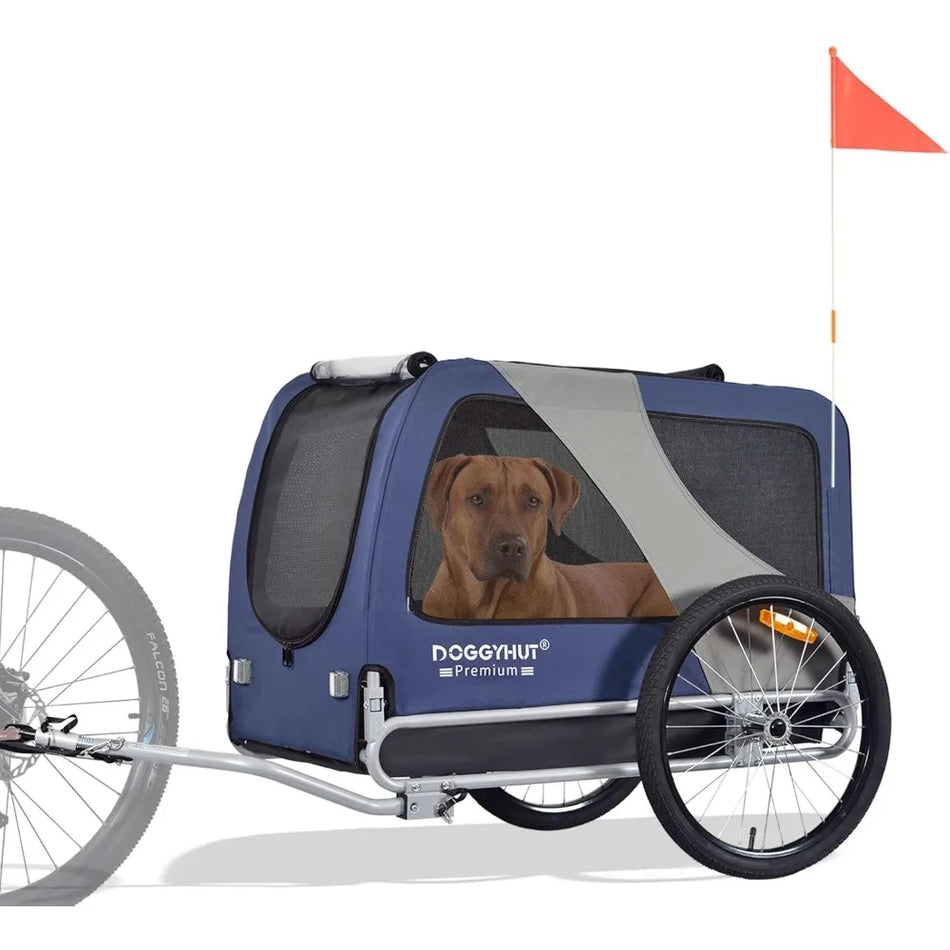DOGGYHUT Premium XL Pet Bike Trailer Blue Alloy Steel Large Dog Carrier up to 100 Lbs Low Center of Gravity for Bicycle