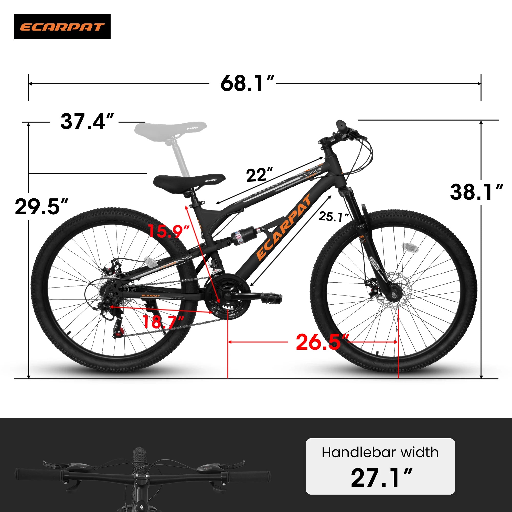 Ecarpat Mountain Bike 26 Inch – Dual Full Suspension 21-Speed Thumb Shifter Disc Brakes Carbon Steel Frame - Mountain