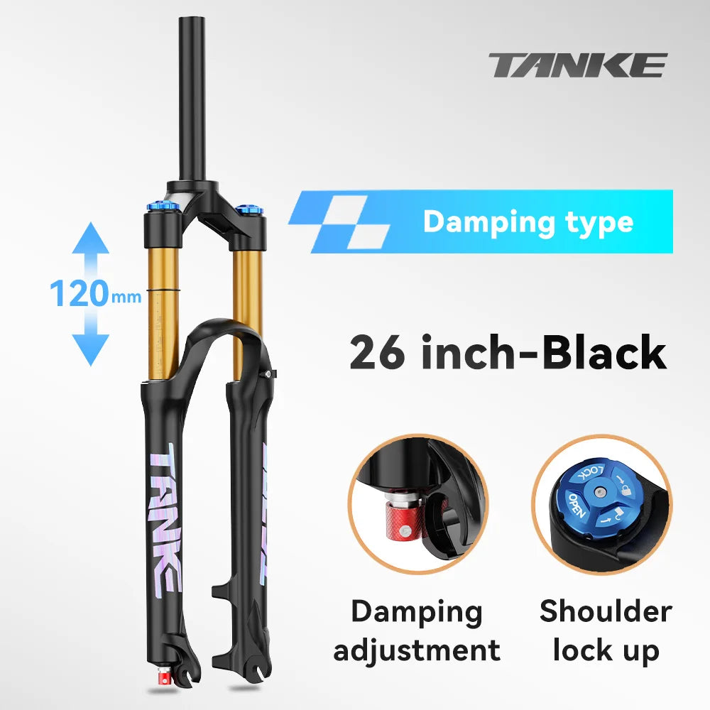 TANKE MTB Air Front Suspension Fork Rebound Adjustable 26/27.5/29’’ Quick Release 120mm Travel Bicycle Fork - 26 QR