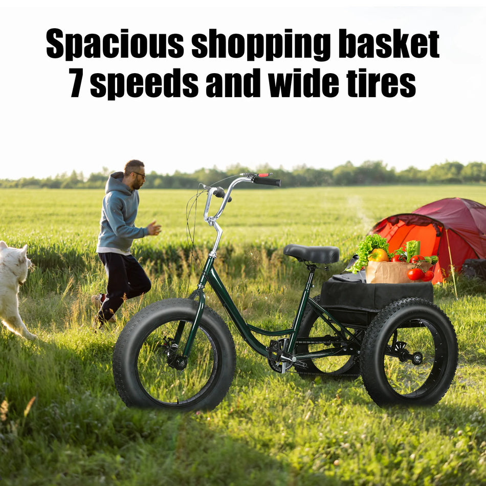 20" Fat Tire Adult Tricycle – 7-Speed, Dual Disc Brakes & Basket