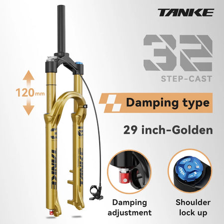 TANKE MTB Air Suspension Fork 120mm – Rebound Adjustable Quick Release - 29 Golden Remote D - Suspension Fork