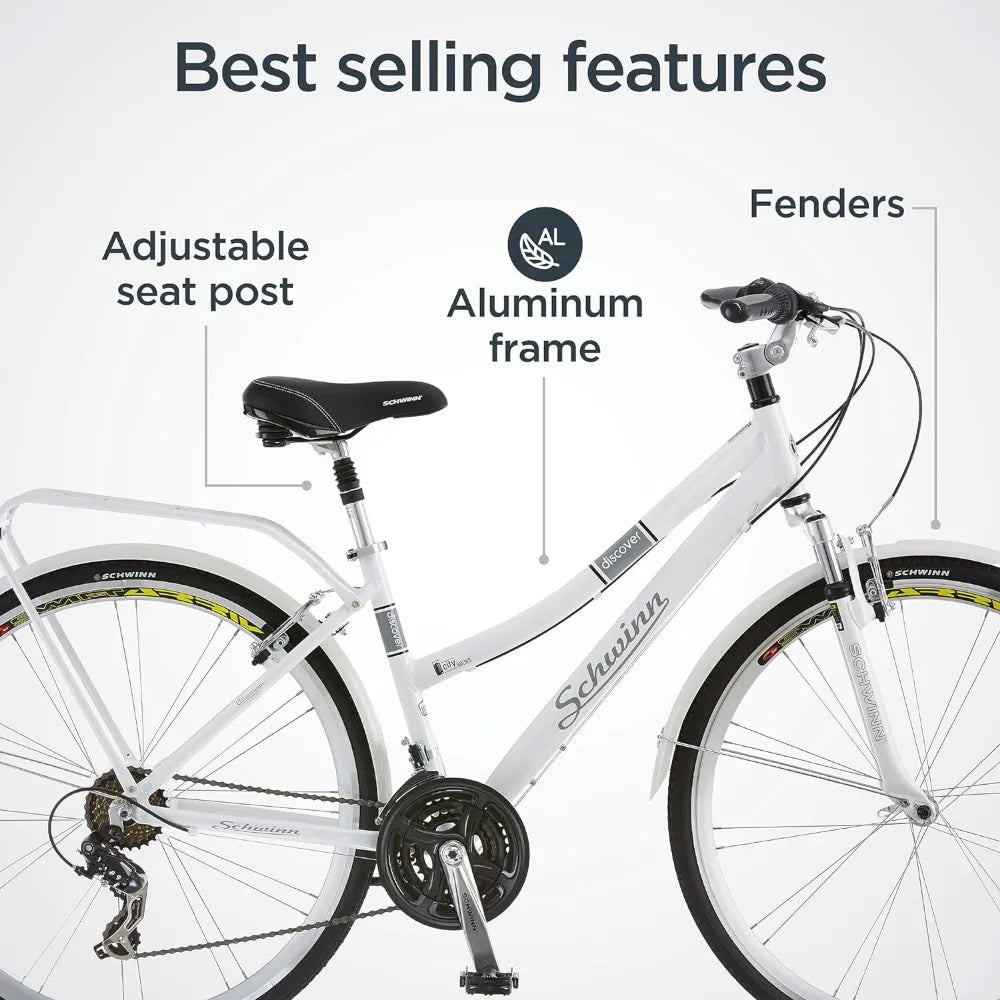Schwinn Discover Adult Hybrid Bike for Men and Women, 700c Wheels, 21-Speeds, Step-Through or Step-Over Frame, Front and Rear Fenders, Rear Cargo Rack