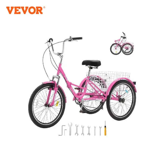 VEVOR 20/24/26inch Folding Adult Tricycle 7 Speed Carbon Steel 3 Wheels with Basket Adjustable Seat Shopping Picnic For Seniors