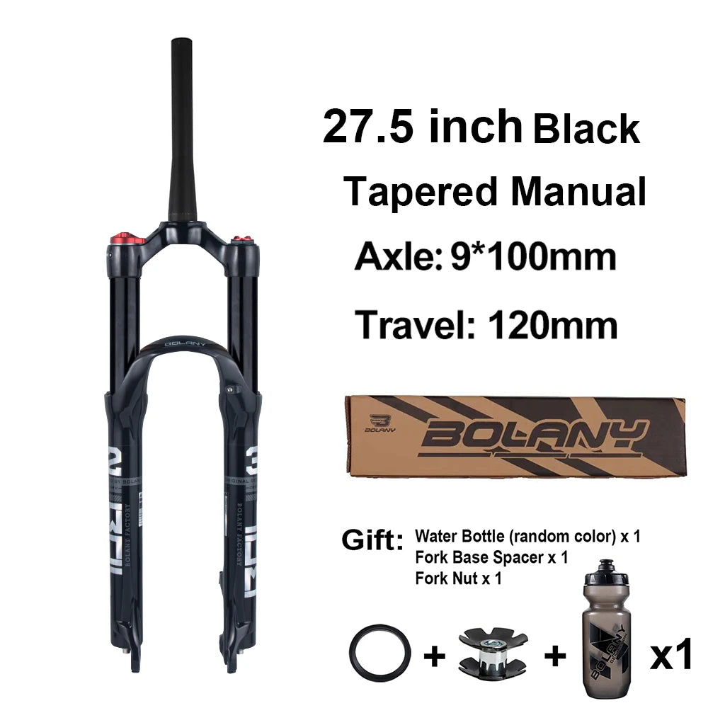 BOLANY MTB Air & Oil Suspension Fork 120mm Travel 26/27.5/29’’ Quick Release Front Fork Remote Adjust - 27 Tapered