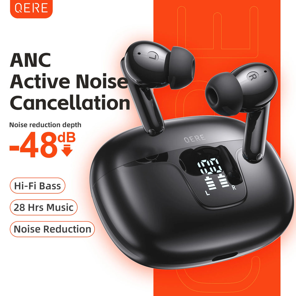 QERE E60 TWS Wireless Headphones Bluetooth 5.3 HD Microphone 13mm Driver 60ms Low Latency 4 Mics ANC In-ear Earphones