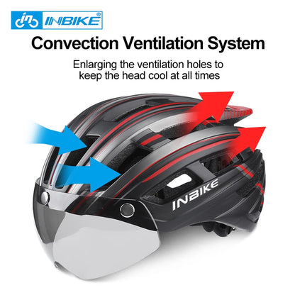 INBIKE Ultralight Men's Bicycle Helmet with Goggles And Taillight for MTB Road Cycling - Adult Integrally-Molded Bike Safety Gear