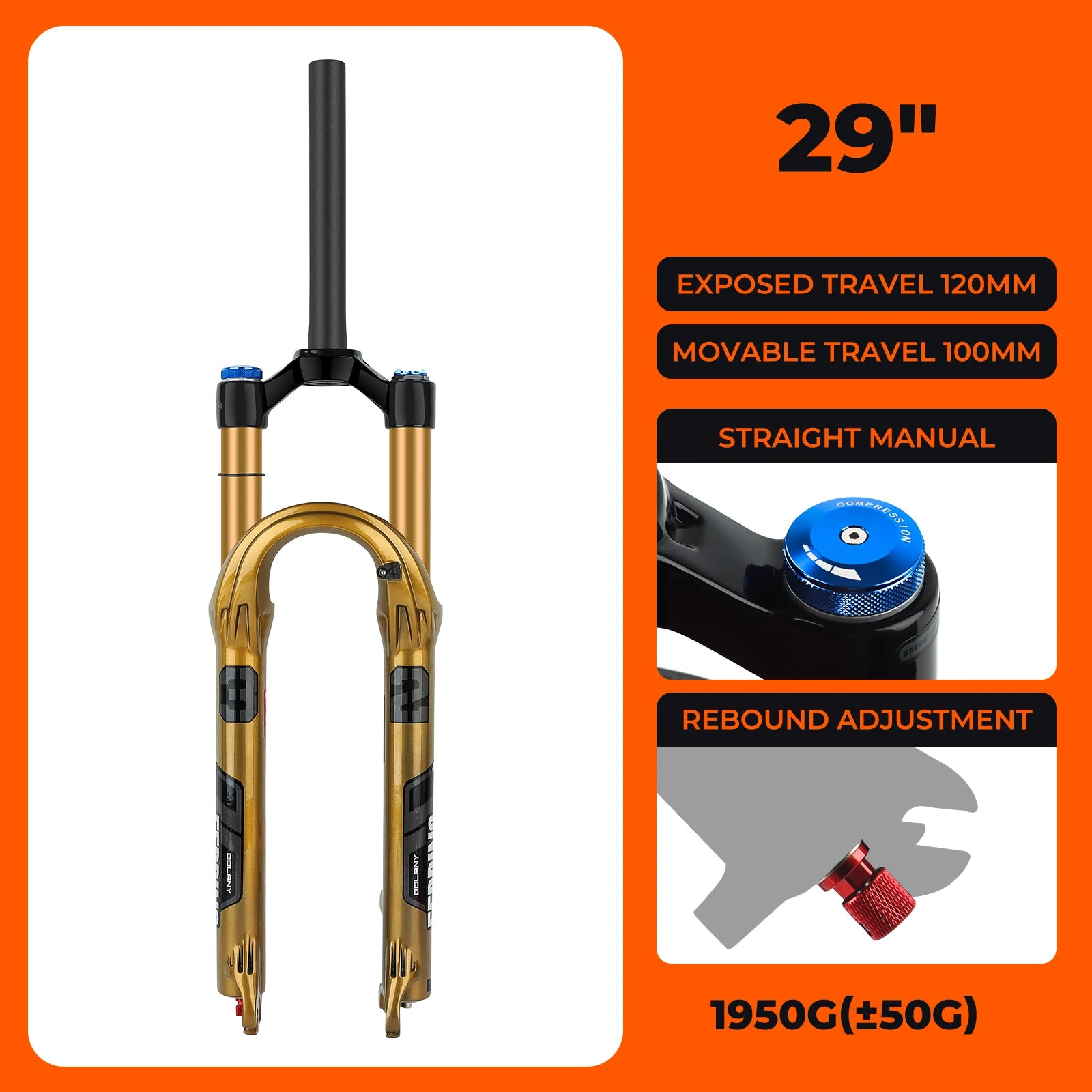 BOLANY MTB Air Suspension Fork 120mm Travel 27.5/29’’ Lightweight Magnesium Alloy Quick Release Front Fork - 29 Damping