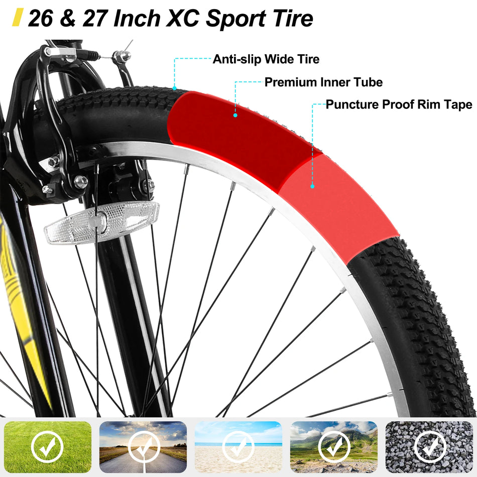 Hiland Bamcbase 26 and 27.5 Inch Mountain Bike, Mens and Womens MTB with 21 Speeds, High-Tensile Steel Frame, V Brake, Hardtail Bicycle
