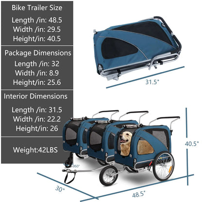 Fiximaster 3 in1 Large Pet Bicycle Trailer Foldable Pet Cart Dog Bike Trailer with a 12 inch Jogger Wheel and a 6" Swivel Stroller Wheel