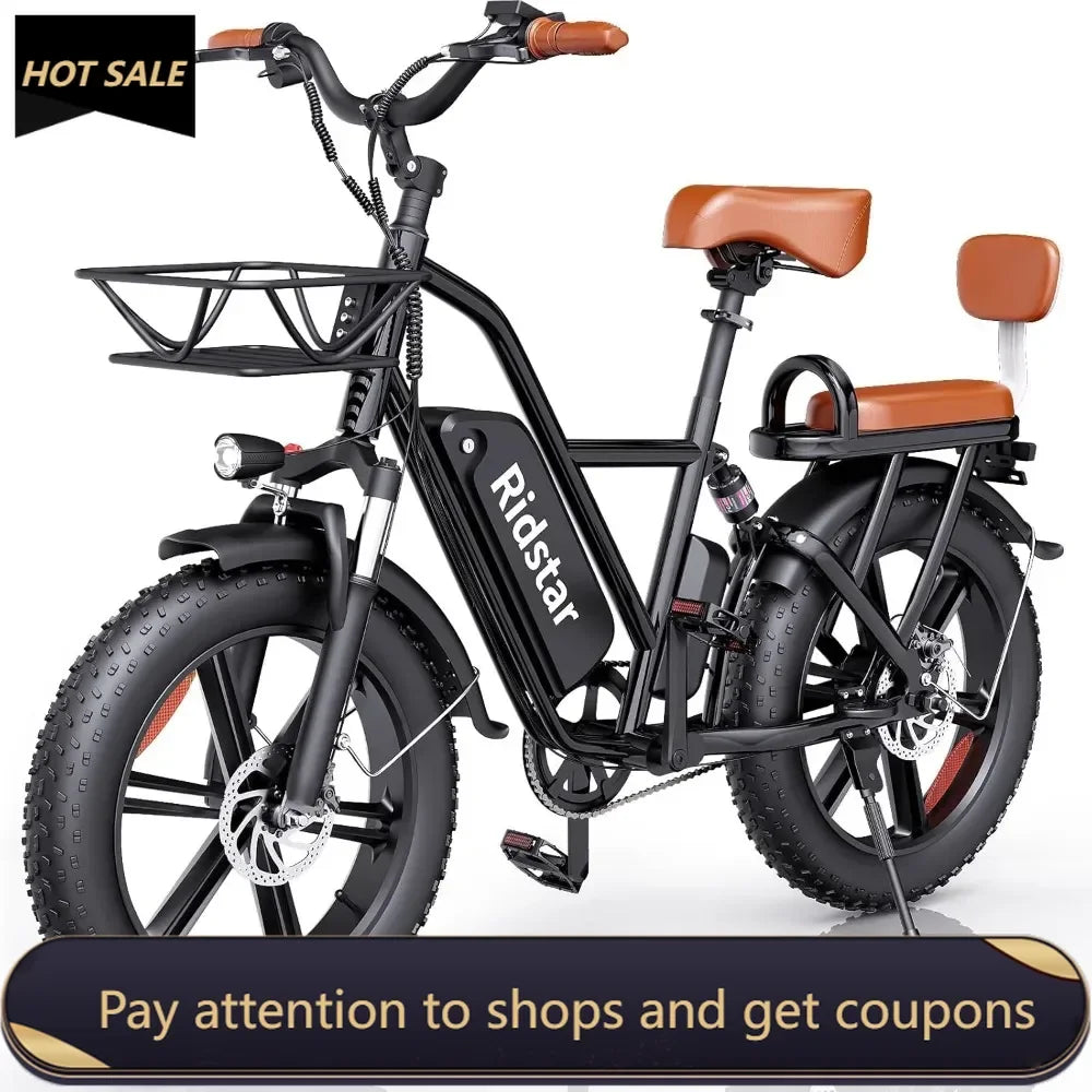 Ridstar 2-Seater Electric Bike for Adults 1500W 30mph 30-70 Miles 48V 15Ah Removable Battery Fat Tire Beach Ebike 20"x4.0