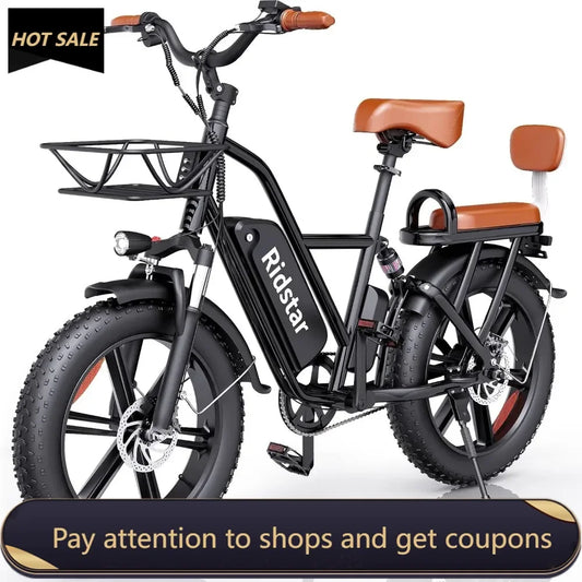 Ridstar 2-Seater Electric Bike for Adults 1500W 30mph 30-70 Miles 48V 15Ah Removable Battery Fat Tire Beach Ebike 20"x4.0