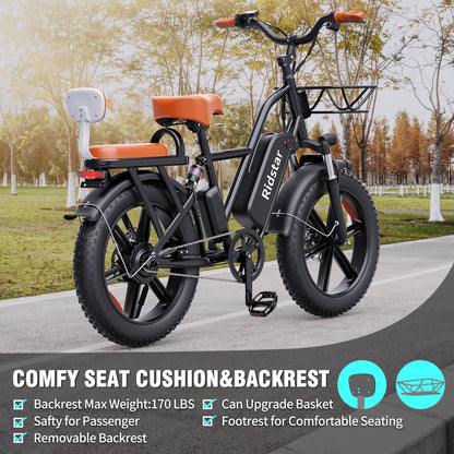 Ridstar FM-002   2 Seater Electric Bike for Adults,1500/1000W 30MPH 30-70Miles 48V 15AH Removable Battery Ebike 20" x 4.0 Fat Tire Beach Mountain Commuting Electric Bicycles W/Fork Suspension (Unfoldable)