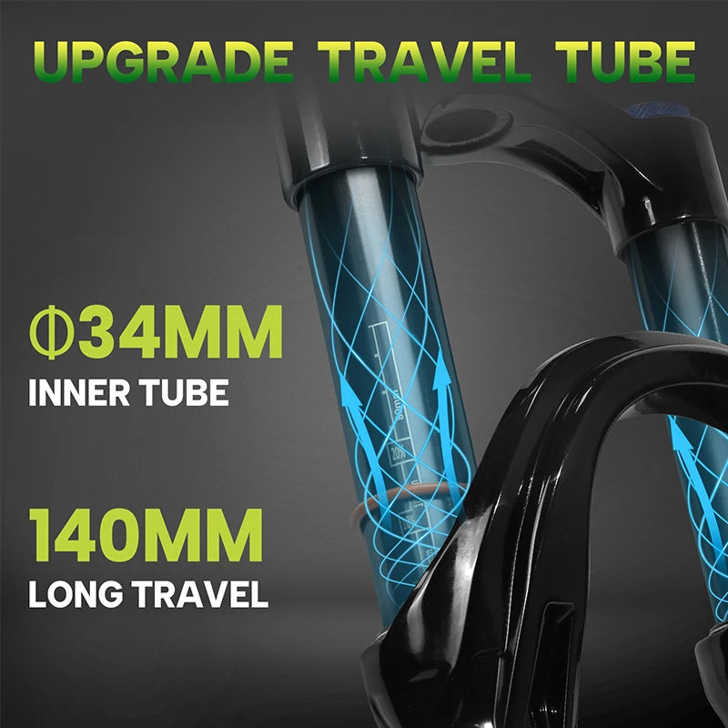 BUCKLOS MTB Air Suspension Fork 140mm Travel 26/27.5/29’’ Front Fork 34mm Tube 9x100mm Quick Release