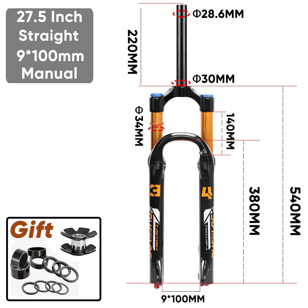 BUCKLOS MTB Air Suspension Fork 140mm Travel 26/27.5/29’’ Front Fork 34mm Tube 9x100mm Quick Release