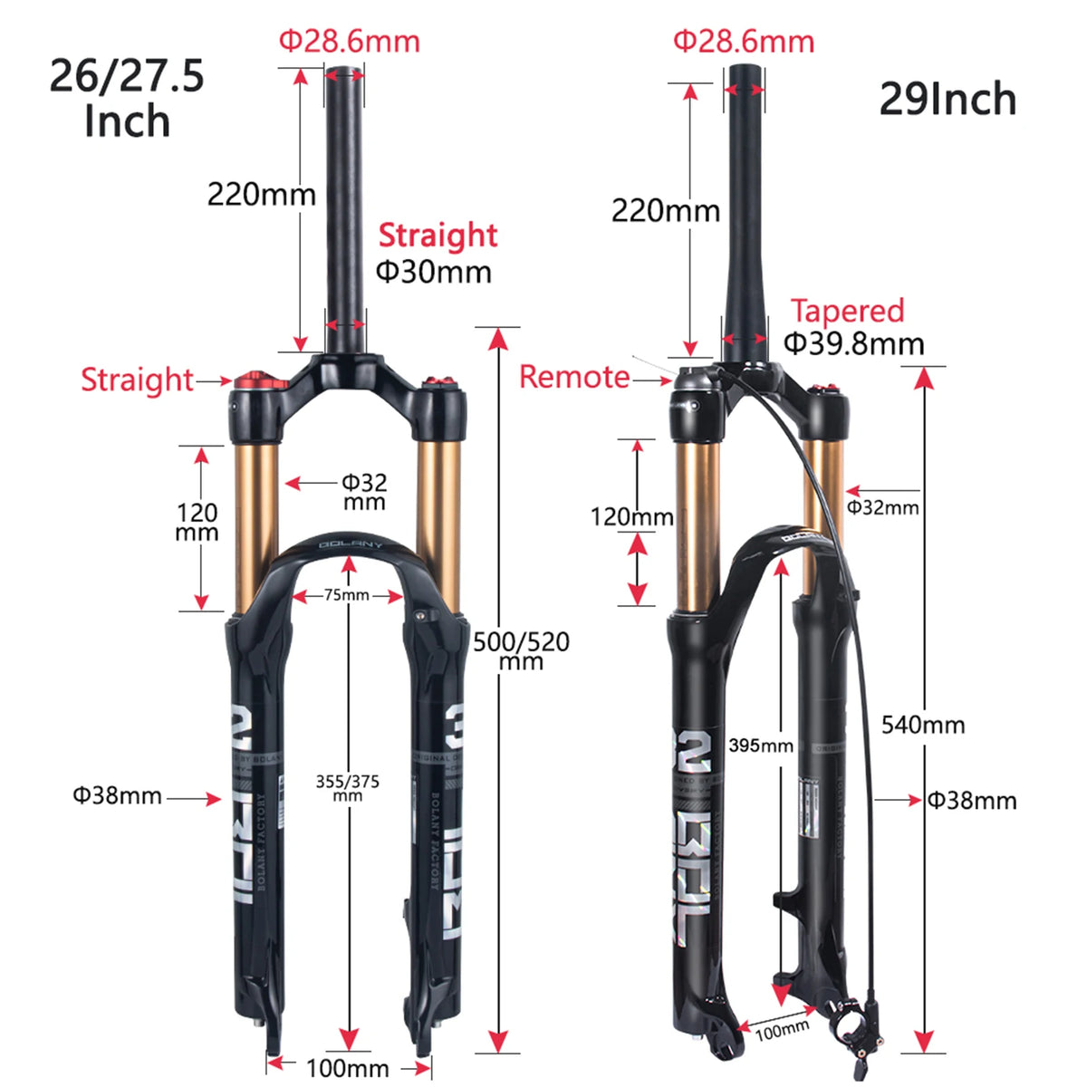 BOLANY MTB Air & Oil Suspension Fork 120mm Travel 26/27.5/29’’ Quick Release Front Fork Remote Adjust - Suspension Forks