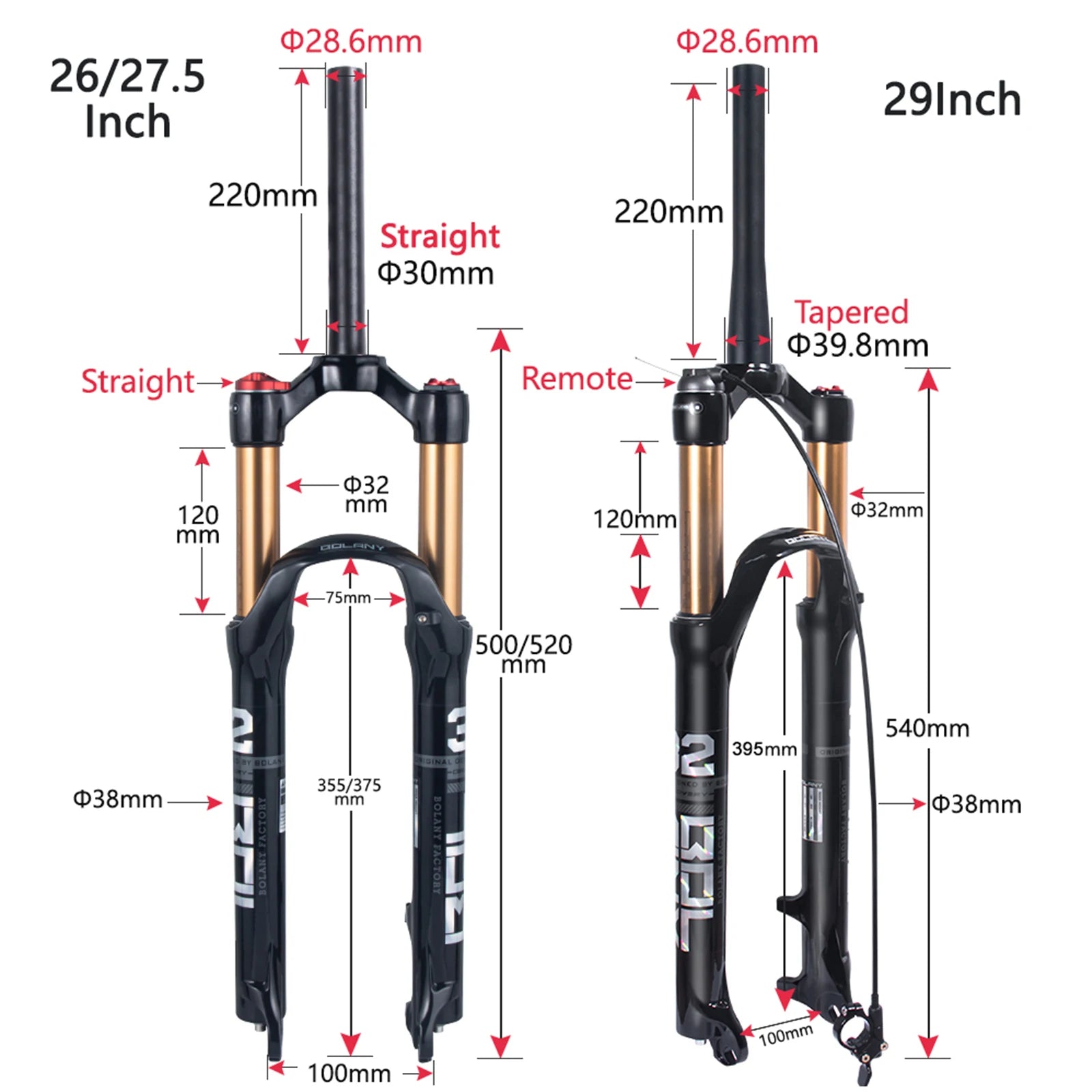 BOLANY MTB Air & Oil Suspension Fork 120mm Travel 26/27.5/29’’ Quick Release Front Fork Remote Adjust - Suspension Forks