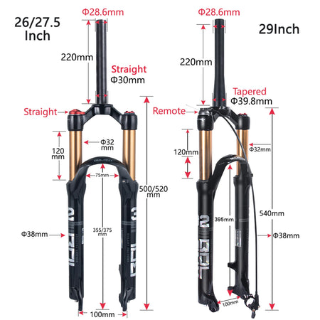 BOLANY MTB Air & Oil Suspension Fork 120mm Travel 26/27.5/29’’ Quick Release Front Fork Remote Adjust - Suspension Forks
