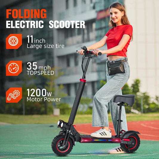 FREEBOY Foldable 1200W Electric Scooter with Seat for Adults, 11'' Off-road Tires, 48V 21Ah Battery, 33Miles Range Commuter E-scooter