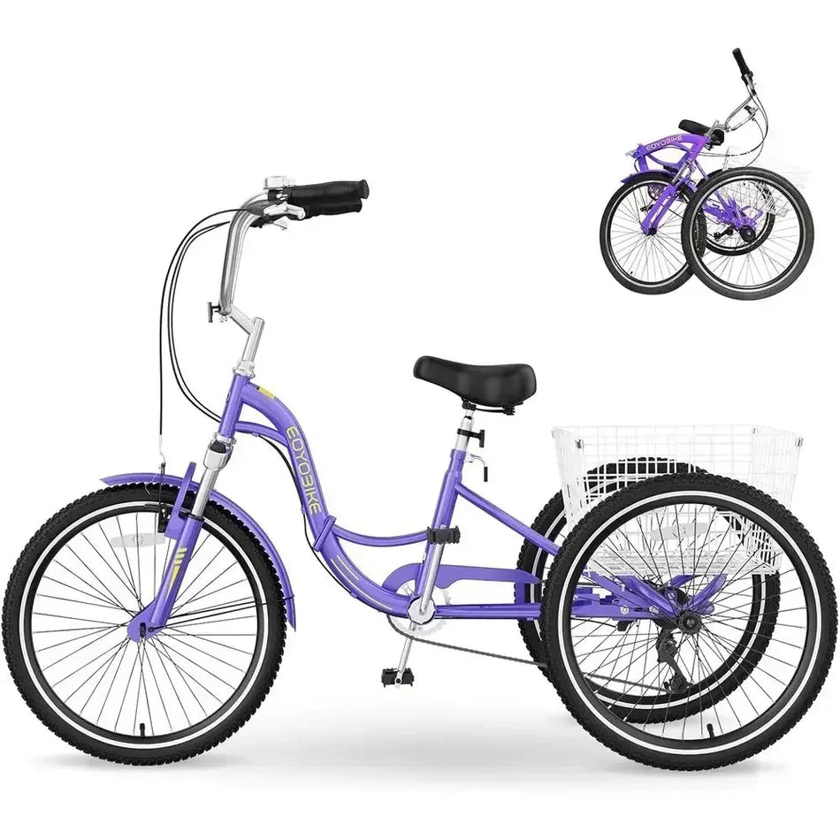 20"/24"/26" Adult Folding 7-Speed Step-Through Tricycle with Basket