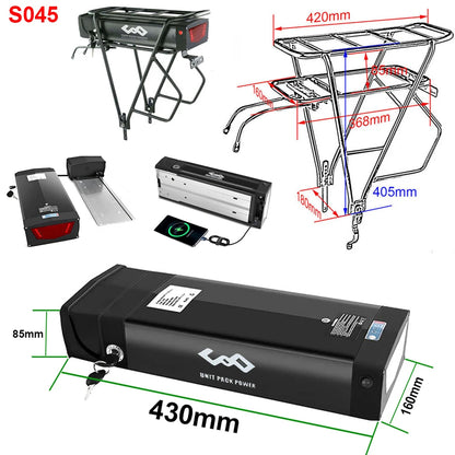 UNITPACKPOWER Rear Rack eBike Battery 21700/18650 52V/48V/28Ah/24Ah/20Ah With Double Luggage for 2000W/1500W/1000W/750W/500W 24"-28 inch Motor