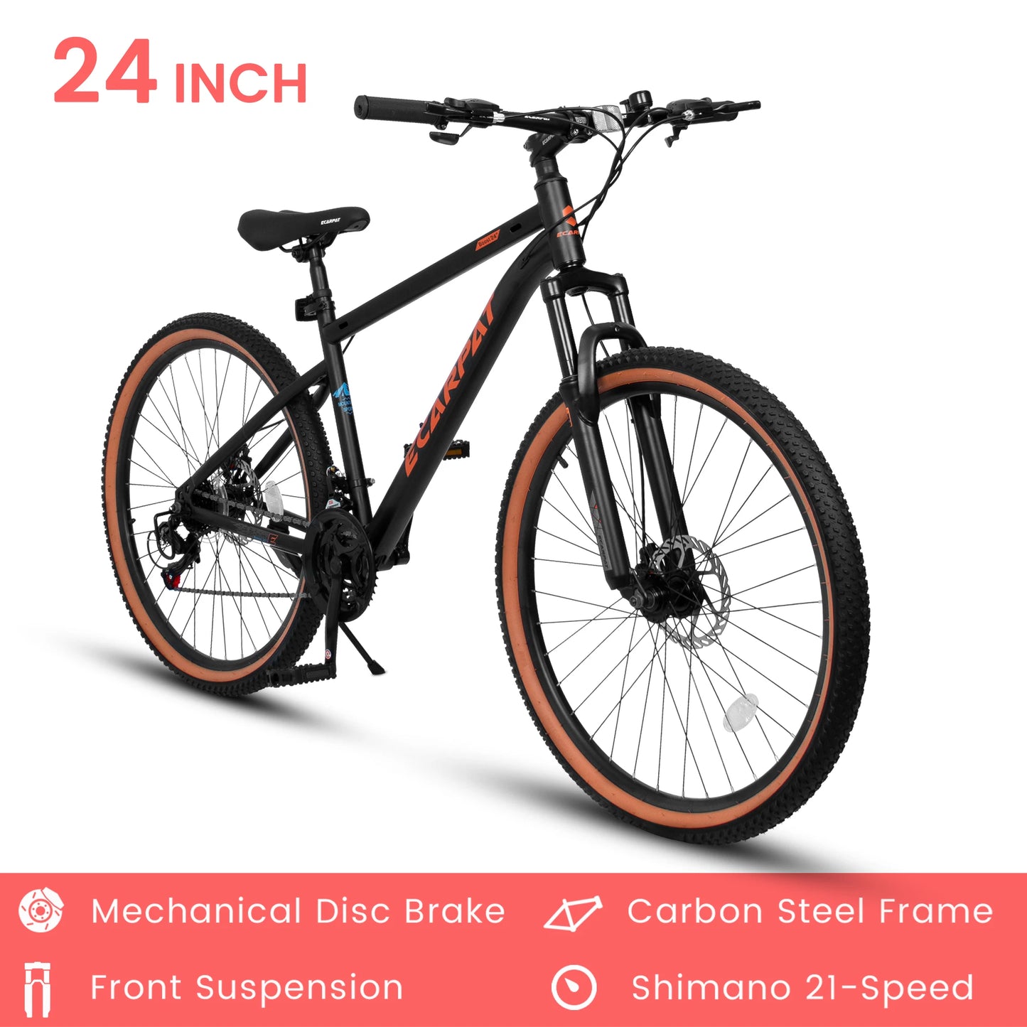 Ecarpat Mountain Bike 24 Inch Wheel, 21-Speed 15" Steel Frame, Mens Womens Trail Commuter City Mountain Bikes Bicycle Disc Brake