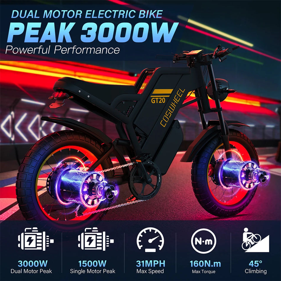 Coswheel Ebike GT20 Pro 1500W/2000W/3000W 48V 40AH Electric Motorcycle Max 145 Miles Fat Tire Mountain Electric Bike Adult Off-Road bicycle