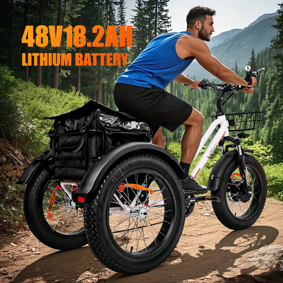 MEIGI 24 Inch 3-Wheel Electric Cargo Bike Fat Tire Mountain Tricycle for Men 48V 750W Powerful Lithium Battery Adult Electro-Tricycle