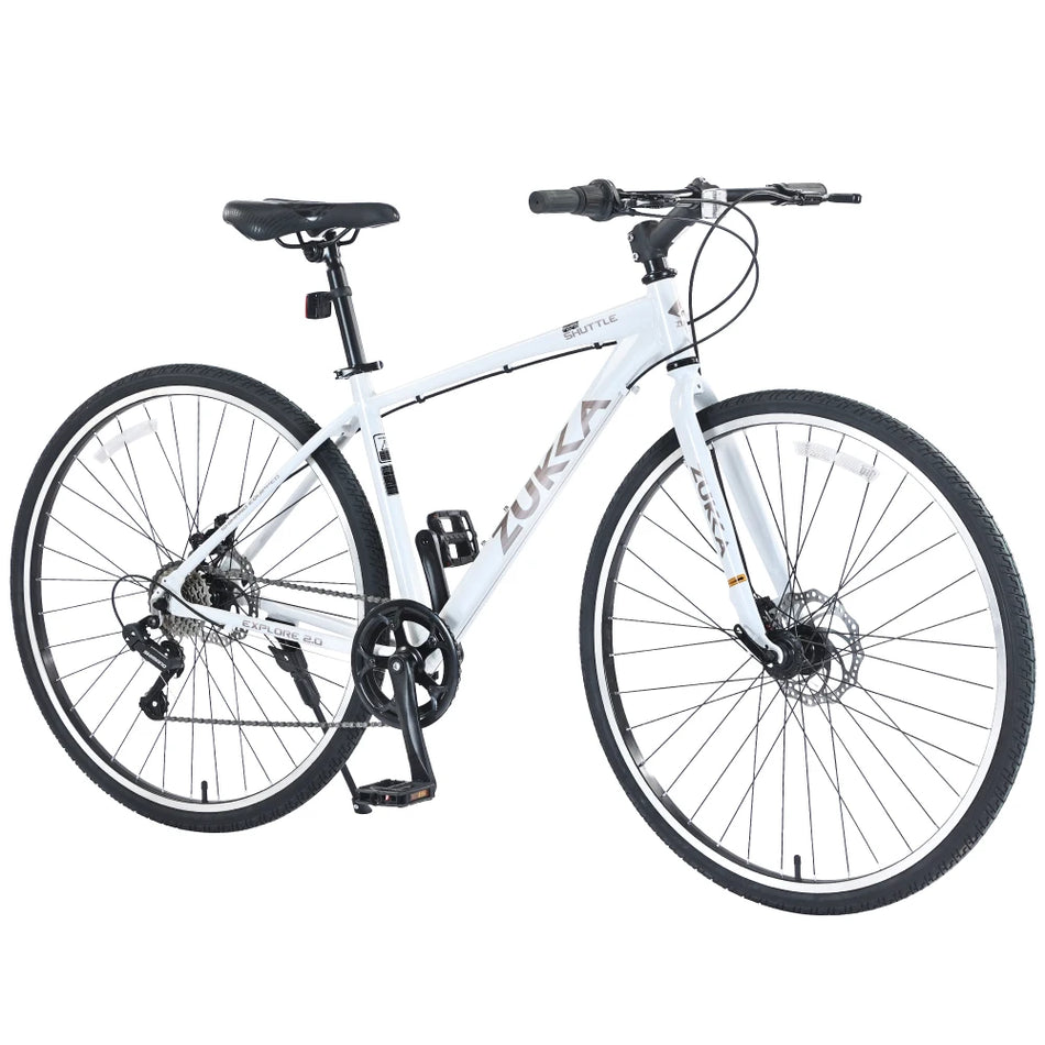 ZUKKA Shimano 7 Speed Hybrid Bike Aluminum Alloy Frame Double Disc Brakes 700C Road Bike For men women's City Bicycle