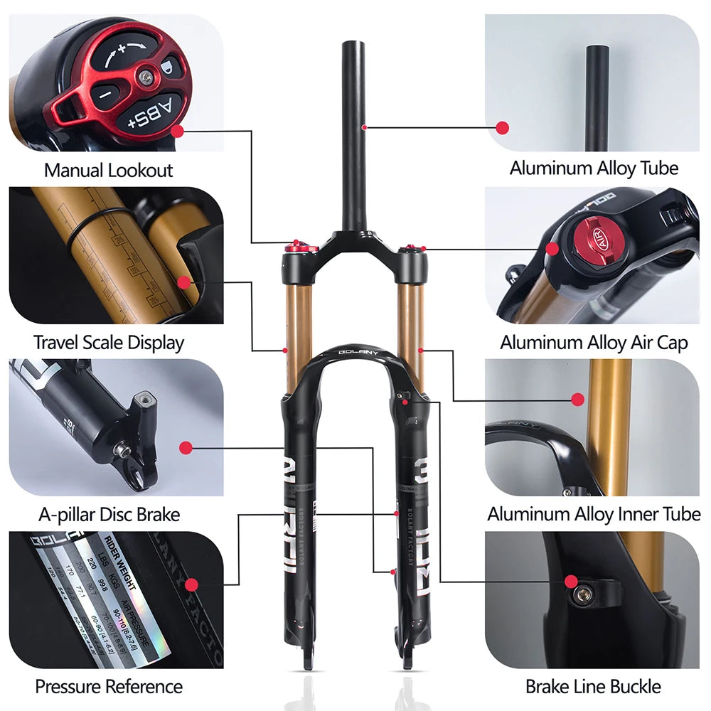 BOLANY MTB Air & Oil Suspension Fork 120mm Travel 26/27.5/29’’ Quick Release Front Fork Remote Adjust - Suspension Forks